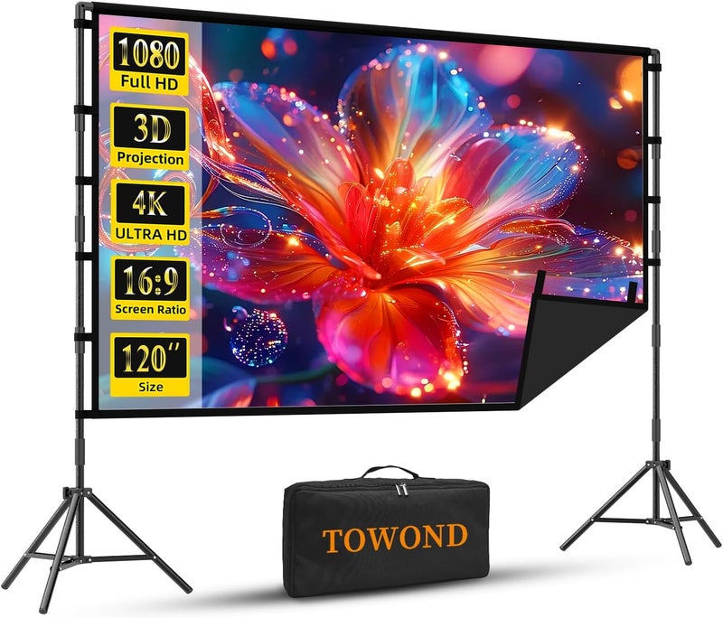 TOWOND Outdoor Projector Screen with Stand, 120 inch Portable Projector Screen Black Backing, Indoor Projection Screen 16:9 4K HD Wrinkle-Free Movie Screen with Carry Bag for Backyard Movie Night - Image 1